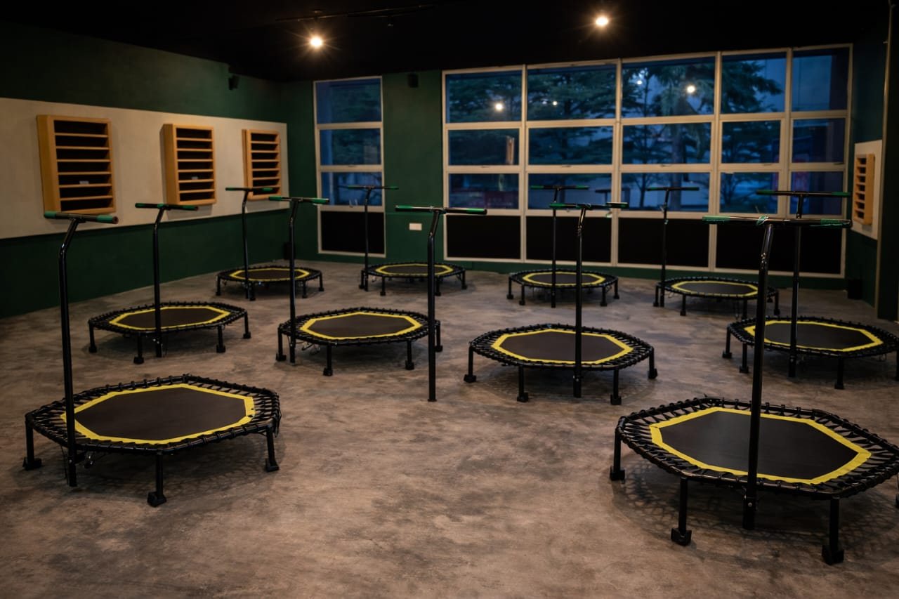 X Bounce studio with rebounders prepared for class